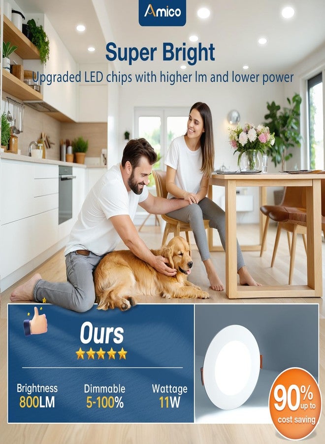 Amico أميكو 12 عبوة 4 بوصة 5CCT LED رفيع للغاية قابل للتعتيم ضوء مدمج/سقف مع صندوق تقاطع، 2700K/3000K/3500K/4000K/5000K قابل للاختيار، 11W مكافئ 70W، 800LM سطوع عالي ضوء أسفل الوافر - ETL&FCC - Image 4