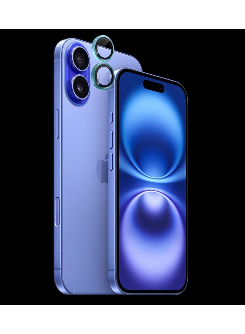 Camera Lens Protector for iPhone 16 Tempered Glass Aluminum Ring Cover, HD Clear, iPhone Camera Design Matching, Anti-Reflection, Anti-Scratch, Full Set (cyan) - Image 1