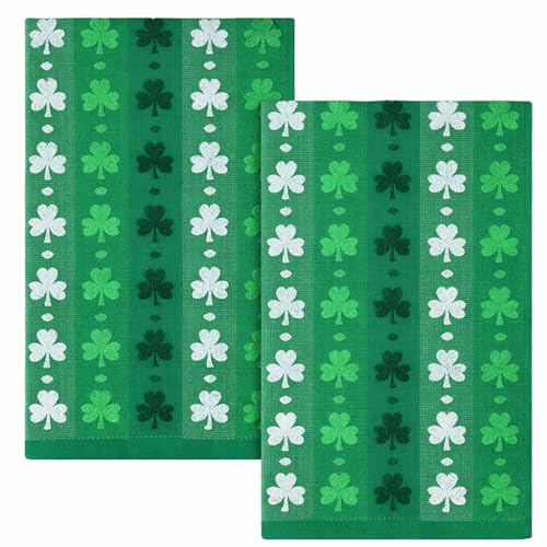 Hallswl 2pcs 16 x 27 Inch St. Patrick's Day Hand Towels 3D Green Shamrock Jacquard Bath Towel Irish Clover Cotton Soft Bathroom Kitchen Decorative Set for St. Patrick's Day Holiday Decor Gift - Image 1