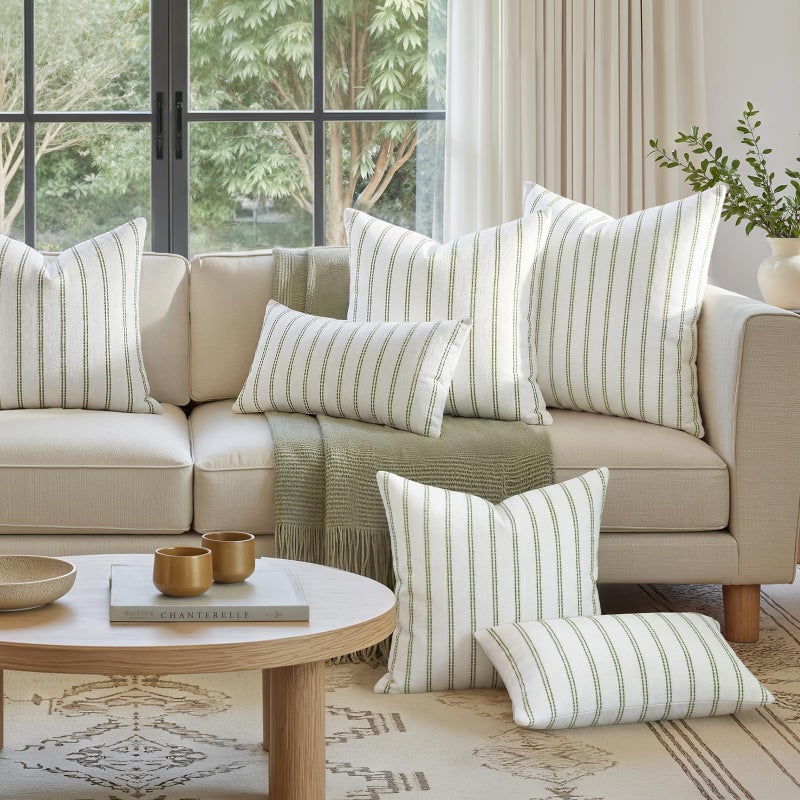 HOMEIDEAS Decorative Chenille Throw Pillow Covers 20x20 Set of 2, Striped Textured Farmhouse Pillow Covers, Soft Cushion Covers for Couch Sofa Bed Spring Home Decor, Sage Green - Image 2