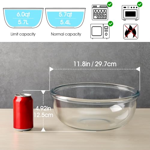 NUTRIUPS 6 Quart Large Glass Mixing Bowl, Clear Large Salad Bowls Glass Big Mixing Bowls for Kitchen - Image 2