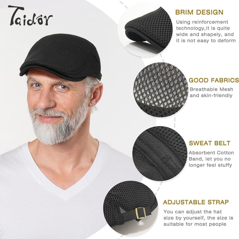 Taidor 2 Pack Men's Mesh Cap Breathable Summer Newsboy Hat Adjustable Beret Ivy Cap Irish Cabbie Driving Hunting Hats Black/White - Image 2