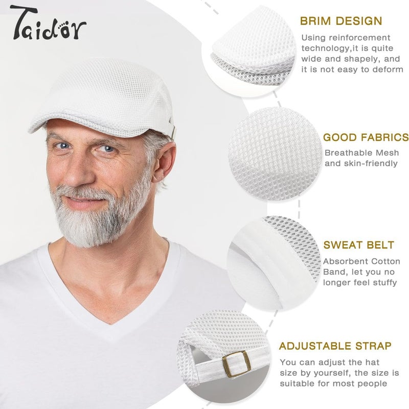 Taidor 2 Pack Men's Mesh Cap Breathable Summer Newsboy Hat Adjustable Beret Ivy Cap Irish Cabbie Driving Hunting Hats Black/White - Image 3