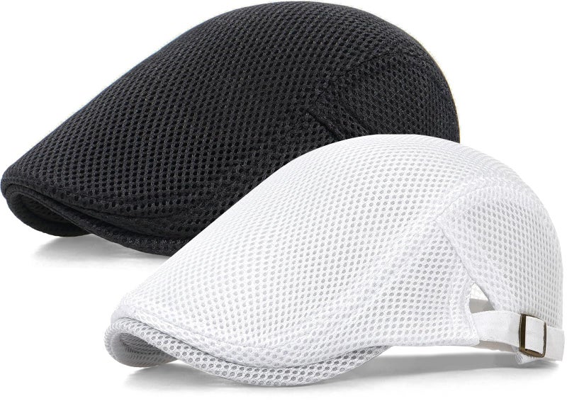 Taidor 2 Pack Men's Mesh Cap Breathable Summer Newsboy Hat Adjustable Beret Ivy Cap Irish Cabbie Driving Hunting Hats Black/White - Image 1