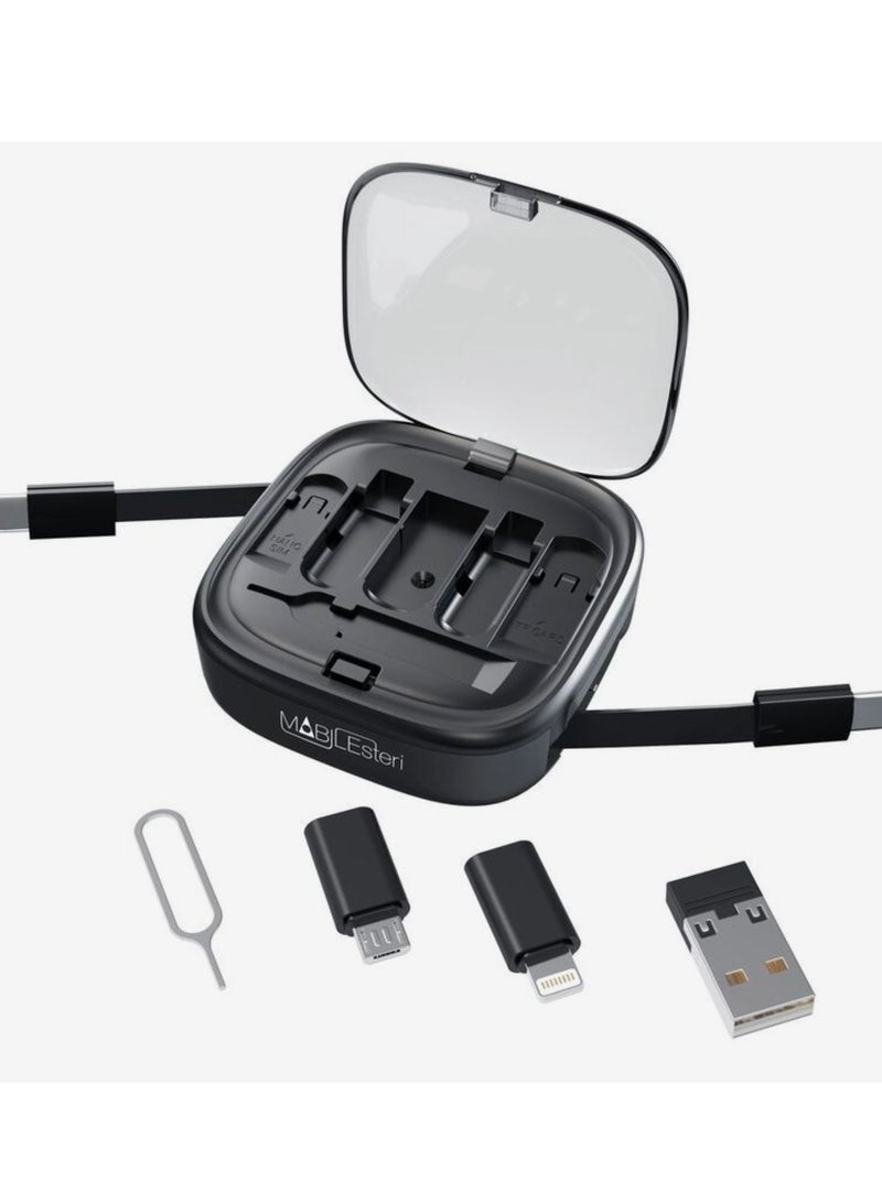 TRAVEL Travelmall Mobilesteri 8‑in‑1 Compact Multi‑Tool Kit – Retractable USB‑C Cable, Lightning/Micro‑USB Adapters, Nano‑SIM Storage – Black  - Image 2