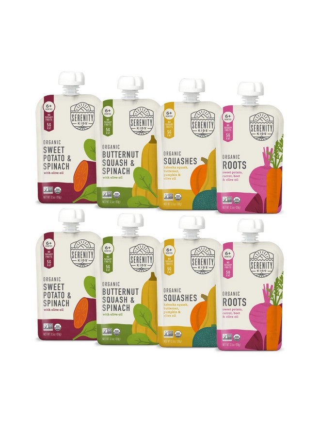 Serenity Kids 6+ Months Certified Organic Baby Food Pouches Veggie Puree - No Sugary Fruits/Added Sugar - Allergen Free - 3.5 Ounce BPA-Free Bag - Variety Pack - Baby Food Veggies Puree - 8 Count - Image 1