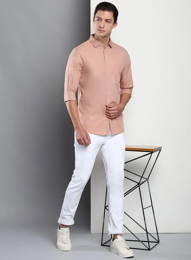 Dennis Lingo Men's Slim Fit Shell Pink Casual Cotton Spread Shirt