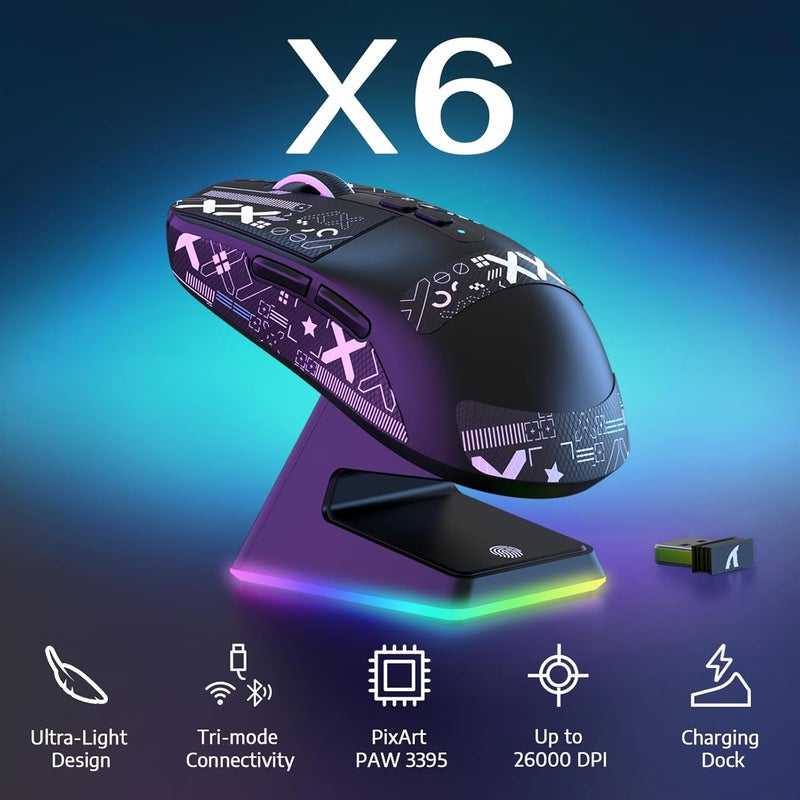 MANBASNAKE ATTACK SHARK X6 49g Superlight Wireless Gaming Mouse with Magnetic RGB Charging Dock, Ultralight Mice PixArt PAW3395 Sensor, 26000DPI, BT/2.4G/Wired Mouse, Griptape, 200Hrs Battery for Win/Mac - Image 2