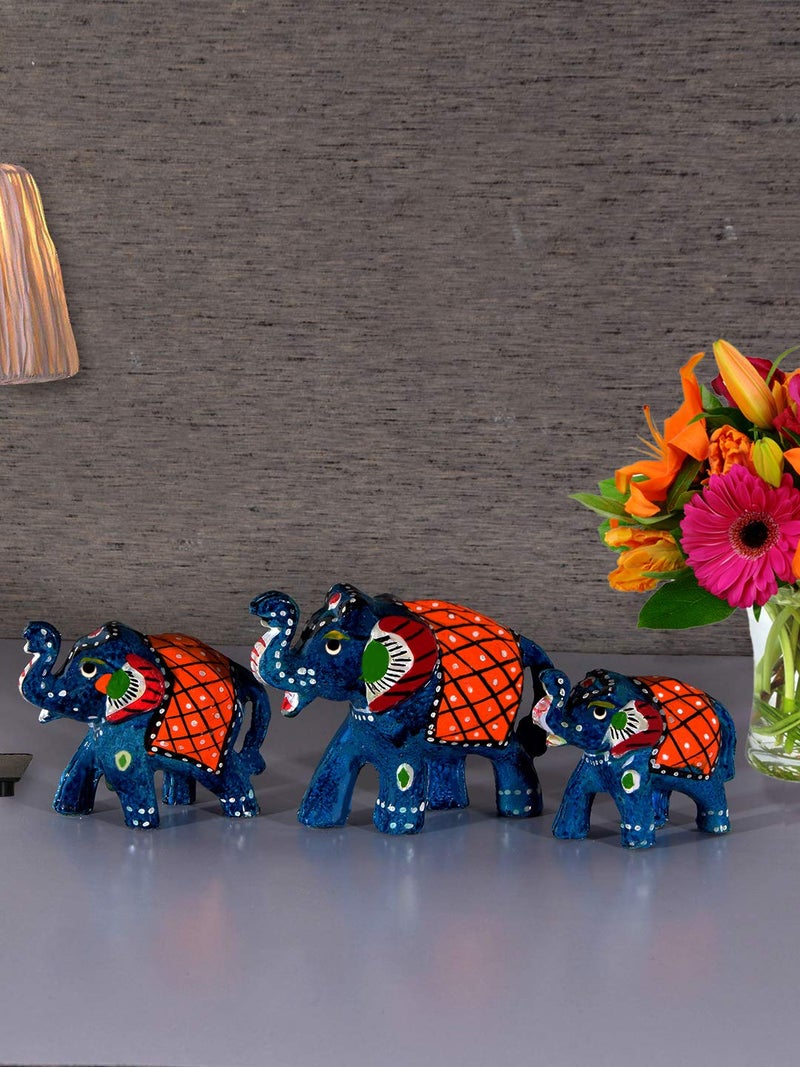 Monk wish Handcrafted Paper Mache Elephant Showpiece for Enhance Home, Office,Table Decor - SkyBlue (Set of 3) - Image 1