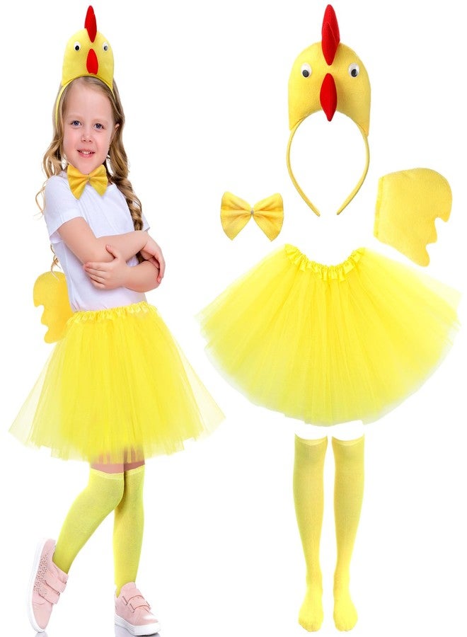 Newcotte 5 Pcs Halloween Costume Set for Kid Girls Chicken Crocodile Snake Headband Bowtie Tail Tutu and Socks Accessories(Chicken Style) - Image 1
