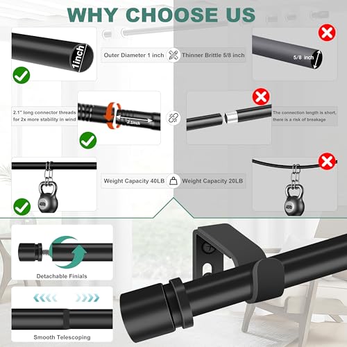 Ottsuls Curtain Rods for Windows, 32 to 60 or 71 Inches Max Adjustable Length, 1 Inch Diameter, Black Decorative Curtain Rod Set, Rustproof Heavy Duty Metal Pole with Brackets - Image 3