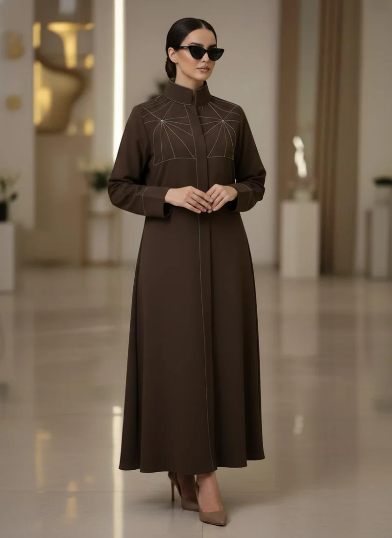 أم سكوير فاشن Bold And Modern Brown Cobra Crepe Abaya Mandarin Collar Edition