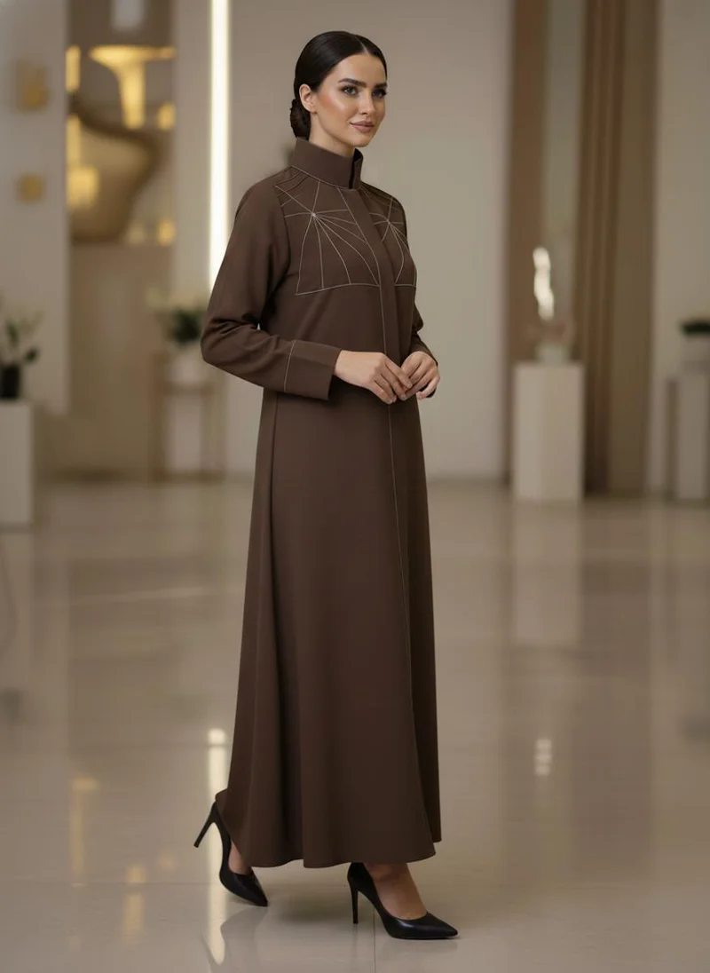 أم سكوير فاشن Bold And Modern Brown Cobra Crepe Abaya Mandarin Collar Edition
