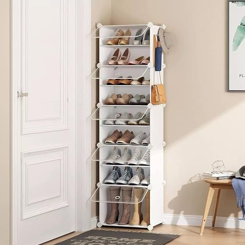 Zemic 10 Shelf DIY Shoe Rack Plastic ^ Multi-Purpose Plastic Shoe Rack for Home Plastic Shelves, PP Plastic Home Shoe Rack with Door for Entryway, Chappal Slipper Shoe Stand (White, 10-Shelf-5-Door) - Image 1