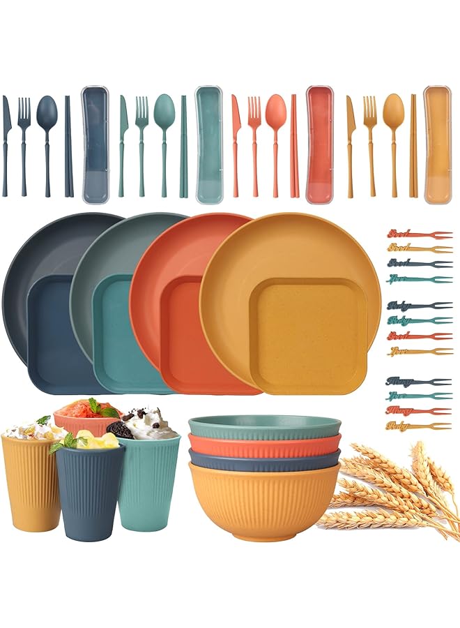 TERRIFI 48Pcs Unbreakable Dinnerware Sets For 4 People, Camping Plates And Bowls Set, Plastic Picnic Dinner Sets, Lightweight Colorful Bbq Plastic Serving Plates, Bowls, Cups,Cutlery Set, Forks,Tableware - Image 1
