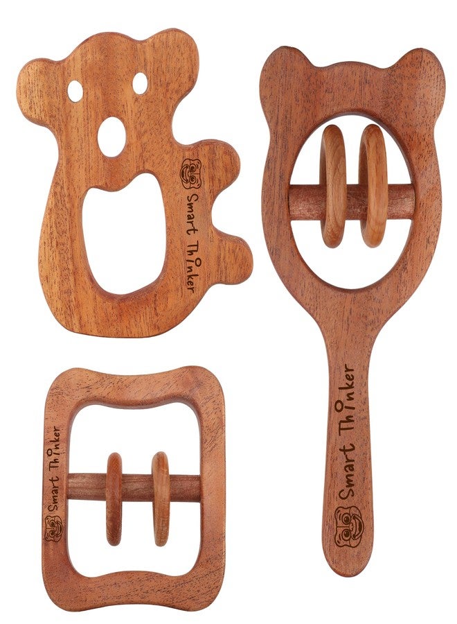 SMARTTHINKER Neem Wood Baby Activity Combo Set | 2 Wooden Rattle Toys with 1 Teether for Newborn Infants & Toddlers | Sensory Play Accessories for Babies 0-12 Months | Pack of 3 (Panda + Square Frame Rattle + Micky Head Rattle) - Image 1