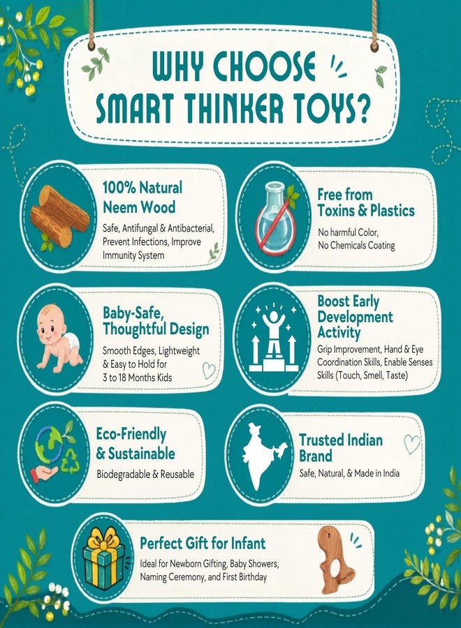 SMARTTHINKER Neem Wood Baby Activity Combo Set | 2 Wooden Rattle Toys with 1 Teether for Newborn Infants & Toddlers | Sensory Play Accessories for Babies 0-12 Months | Pack of 3 (Panda + Square Frame Rattle + Micky Head Rattle) - Image 3
