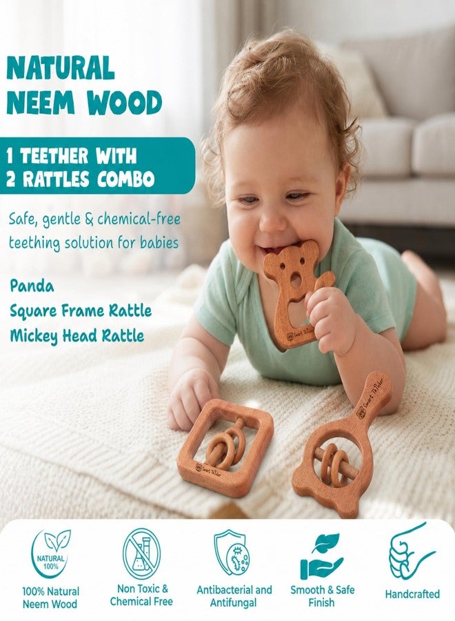 SMARTTHINKER Neem Wood Baby Activity Combo Set | 2 Wooden Rattle Toys with 1 Teether for Newborn Infants & Toddlers | Sensory Play Accessories for Babies 0-12 Months | Pack of 3 (Panda + Square Frame Rattle + Micky Head Rattle) - Image 2