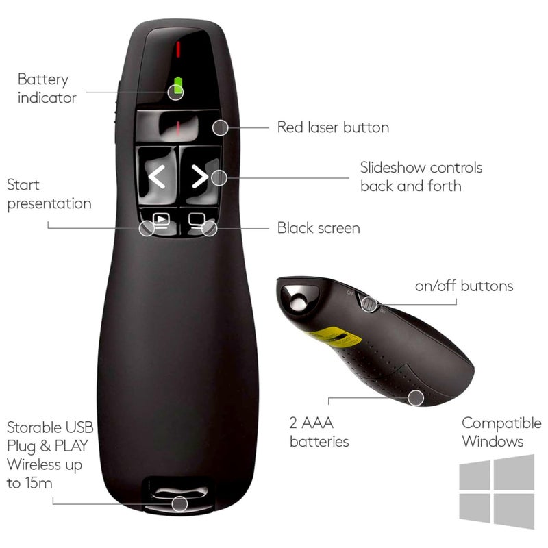 R400 Handheld bluetooth clicker Wireless Presenter with Directional Control Panel & Pointer with Red Laser Pen & Receiver, Remote control, Comfortable hand, 50-foot range, 15-meter wireless port - Image 3