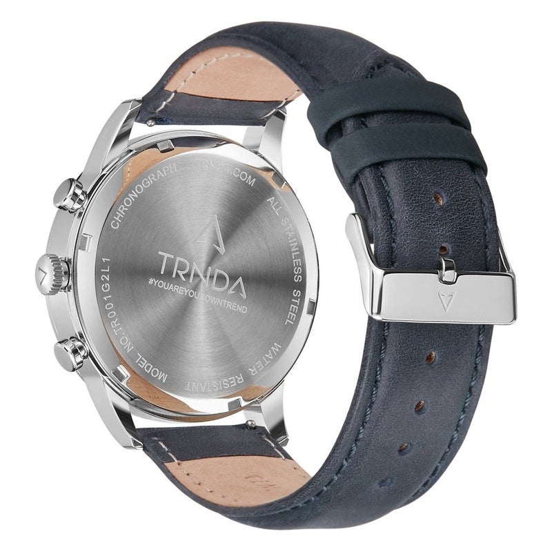 ترندا ساعة TRNDA من الفولاذ المقاوم للصدأ مقاس 43 مم للرجال - طراز خالد مع سوار جلدي أزرق - Image 4