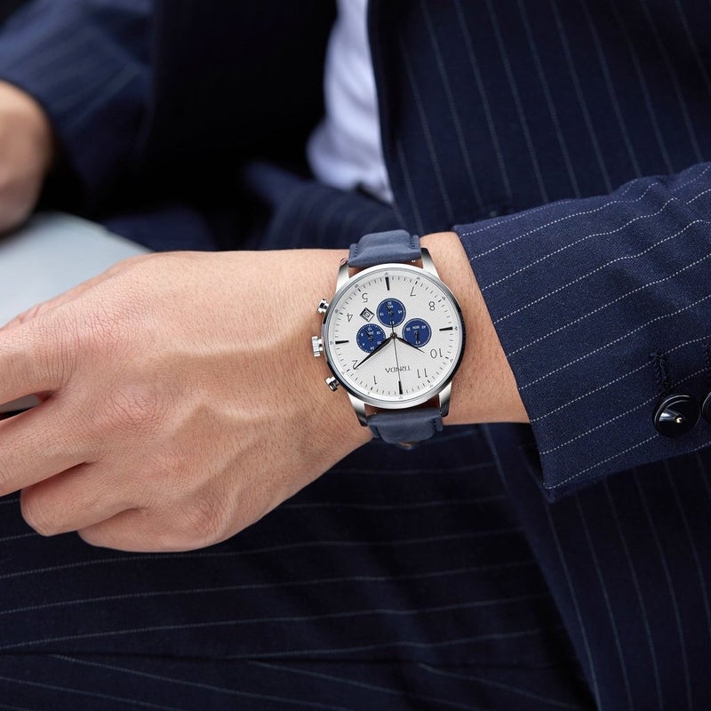 ترندا ساعة TRNDA من الفولاذ المقاوم للصدأ مقاس 43 مم للرجال - طراز خالد مع سوار جلدي أزرق - Image 2