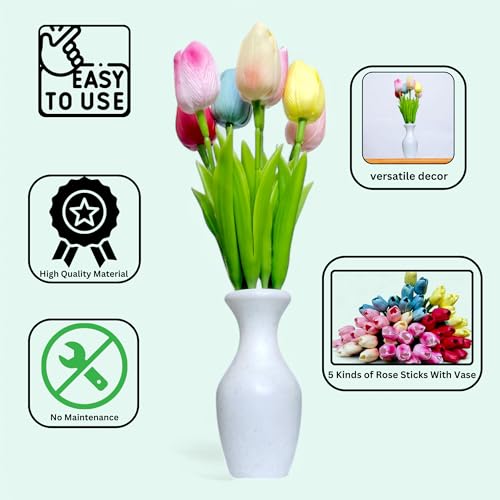Flora Planet 5 Pcs Artificial Tulip Flowers Bunches with Vase - Artificial Plants with Pot, Home Decoration Items for Living Room, Bedroom, Wedding - Multicolor, 32 cm Silk Home Decor (1, Bottle) - Image 2