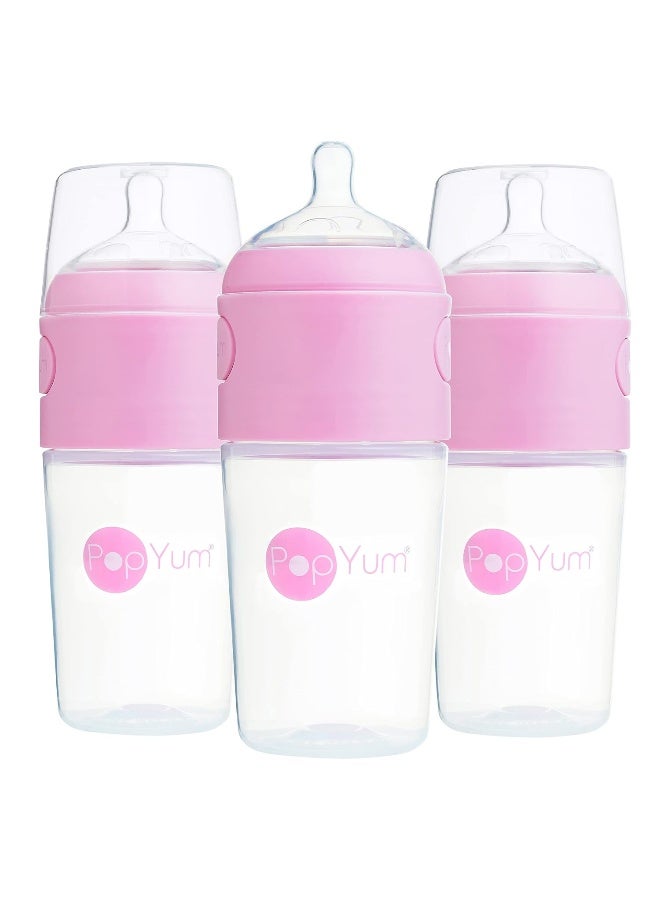 PopYum زجاجات حليب الأطفال PopYum 9 أونص وردية مضادة للمغص، 3 عبوات مع حلمات تدفق متوسط #2، 260 مل، خالية من BPA، قفل طبيعي - Image 1
