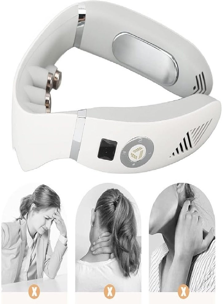 جهاز تدليك لاسلكي للرقبة والكتف مع الحرارة وتسكين الألم، 4 أوضاع، 3 مستويات، جهاز تدليك عنقي محمول مع تذكير صوتي، عمر بطارية طويل، هدية (أبيض) - Image 2