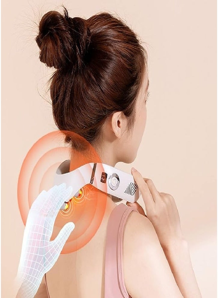 جهاز تدليك لاسلكي للرقبة والكتف مع الحرارة وتسكين الألم، 4 أوضاع، 3 مستويات، جهاز تدليك عنقي محمول مع تذكير صوتي، عمر بطارية طويل، هدية (أبيض) - Image 3