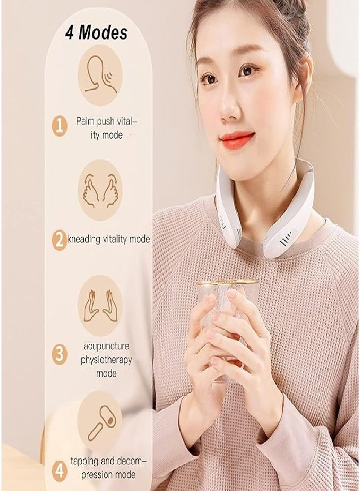 جهاز تدليك لاسلكي للرقبة والكتف مع الحرارة وتسكين الألم، 4 أوضاع، 3 مستويات، جهاز تدليك عنقي محمول مع تذكير صوتي، عمر بطارية طويل، هدية (أبيض) - Image 4