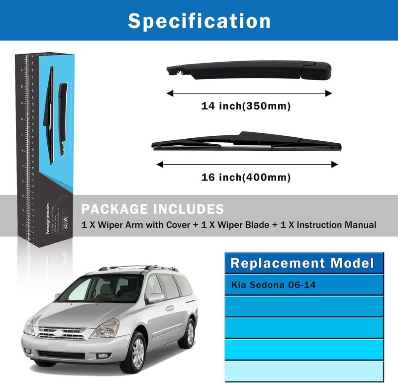 WTI Rear Wiper Arm Blade Set Compatible With Kia Sedona 2006-2014 minivan Rear Windshield Window Wiper Kits Assembly New Replacement Accessories Parts Fit 988104D001 - Image 5
