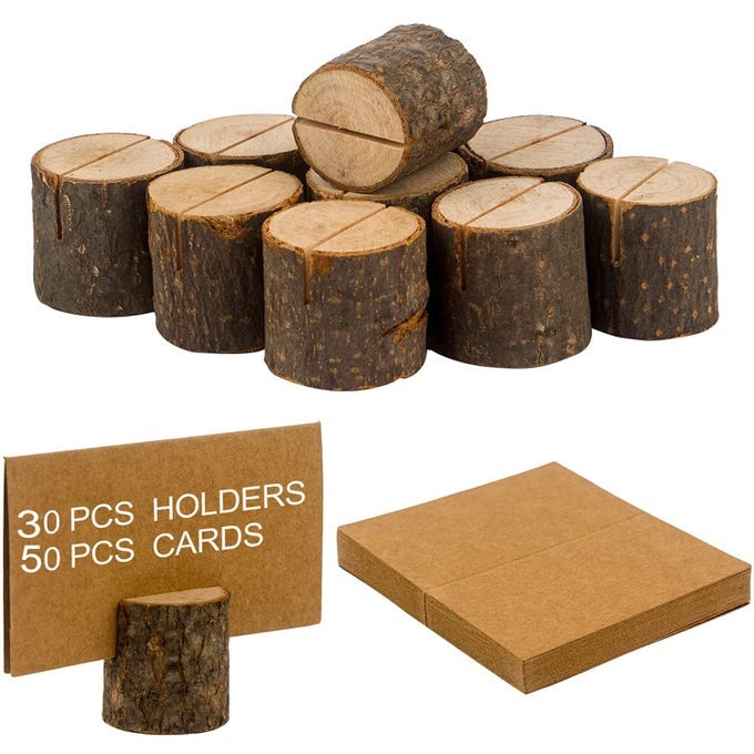 WOOD PLACE CARD HOLDERS 30PCS RUSTIC WOODEN TABLE NUMBER HOLDERS AND 50PCS KRAFT PLACE CARDS WOOD PHOTO PICTURE HOLDER FOR WEDDING PARTY TABLE NAME AND MORE