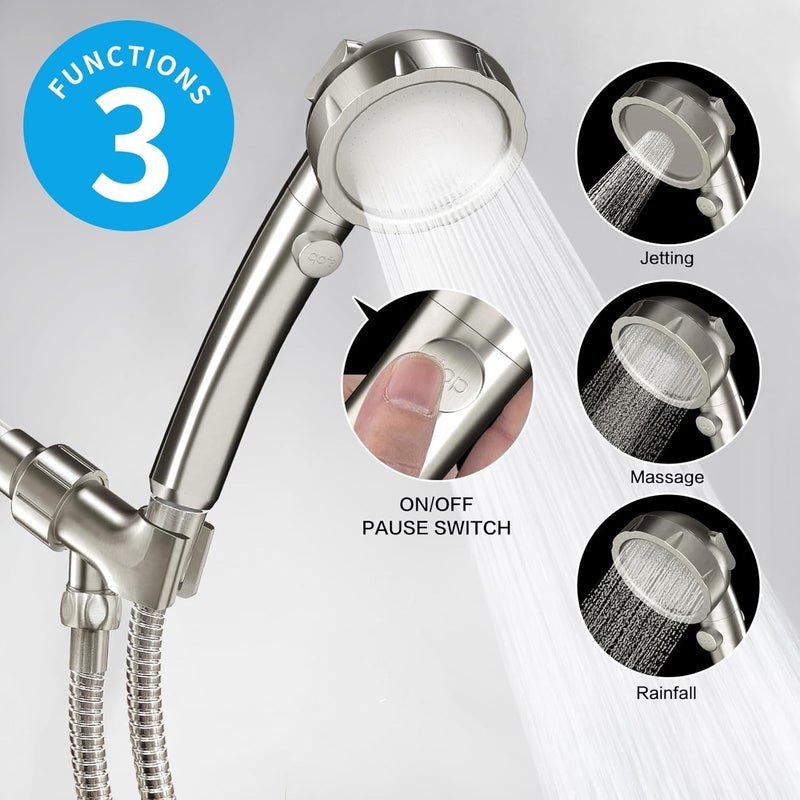 KAIYING Brushed Nickel High Pressure Handheld Shower Head with ON/OFF Switch, 3 Spray Modes, Adjustable Angle Bracket, and Hose - Image 2