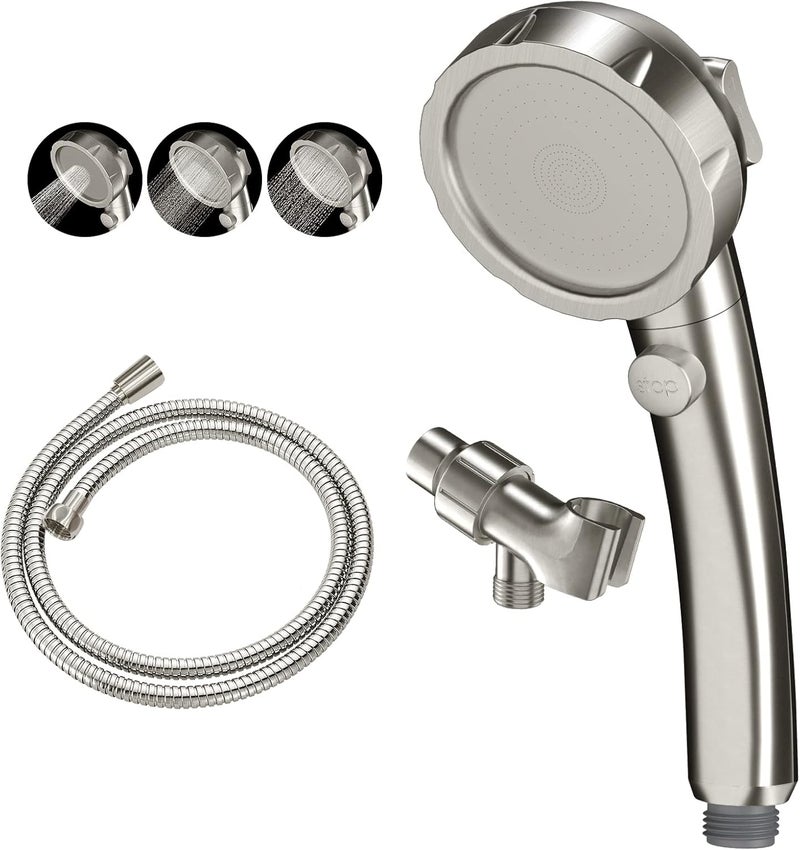 KAIYING Brushed Nickel High Pressure Handheld Shower Head with ON/OFF Switch, 3 Spray Modes, Adjustable Angle Bracket, and Hose - Image 1