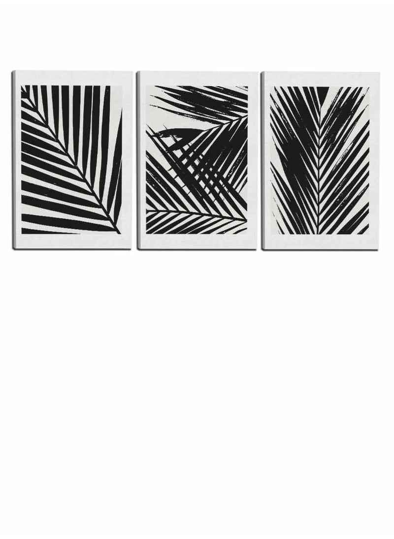 LOWHA - Set Of 3 Framed Canvas Wall Arts Stretched Over Wooden Frame, Abstract Palm Leaves Paintings, For Home, Living Room, Office Decor - Image 1