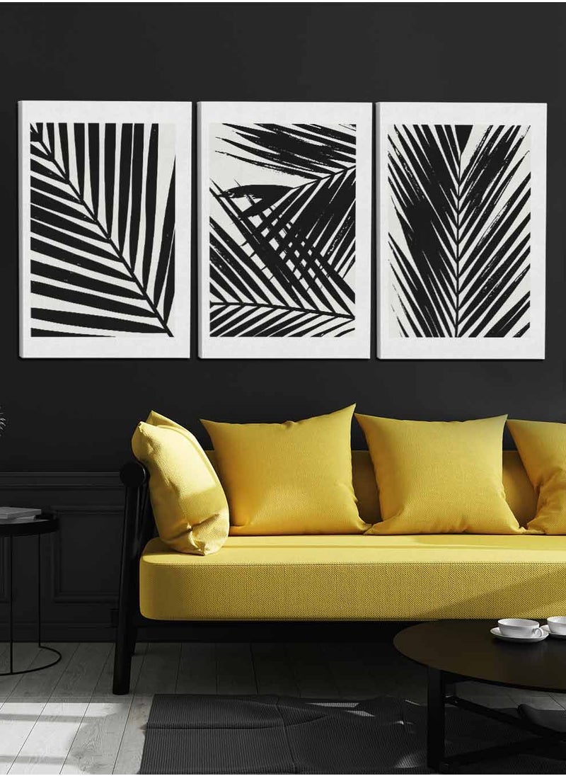 LOWHA - Set Of 3 Framed Canvas Wall Arts Stretched Over Wooden Frame, Abstract Palm Leaves Paintings, For Home, Living Room, Office Decor - Image 1