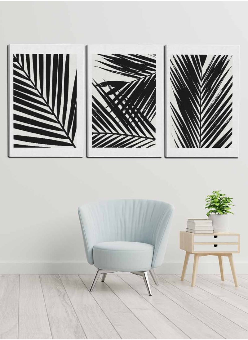 LOWHA - Set Of 3 Framed Canvas Wall Arts Stretched Over Wooden Frame, Abstract Palm Leaves Paintings, For Home, Living Room, Office Decor - Image 1