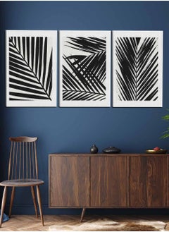 Set Of 3 Framed Canvas Wall Arts Stretched Over Wooden Frame, Abstract Palm Leaves Paintings, For Home, Living Room, Office Decor