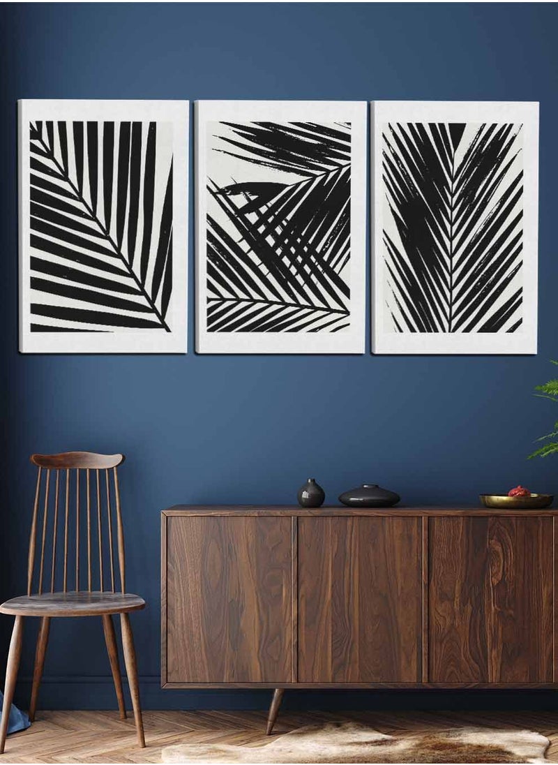 LOWHA - Set Of 3 Framed Canvas Wall Arts Stretched Over Wooden Frame, Abstract Palm Leaves Paintings, For Home, Living Room, Office Decor - Image 1