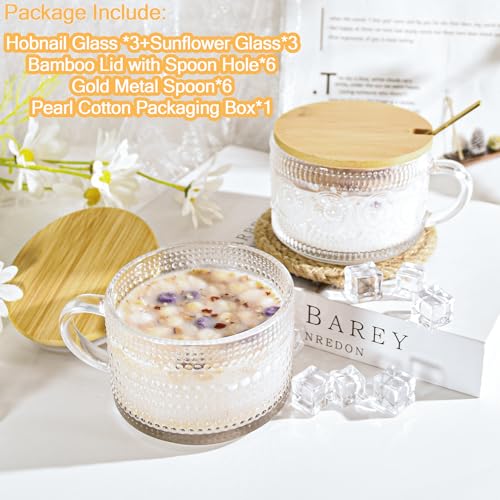 Icesip 14 oz Vintage Coffee Mugs Glass of 6 Overnight Oats Glass Mug with Bamboo Lids Spoons Handle for Latte Cereal Yogurt(Hobnail*3 & Sunflower*3 with Spoon Hole Lid) - Image 2