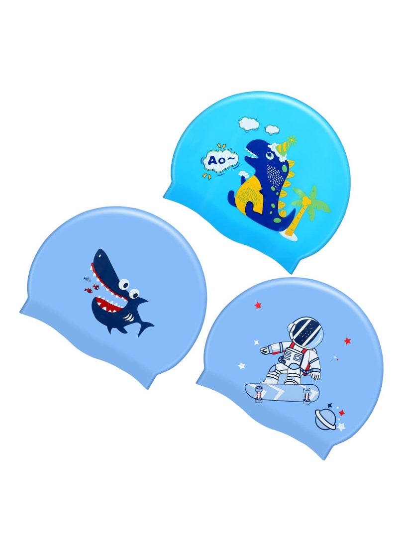 SYOSI 3-Pack Kids Swim Caps - Fun and Waterproof Silicone Swimming Hats for Boys and Girls Cartoon Bathing Hats for Long and Short Hair (Ages 4-12,Boy Style)  - Image 1
