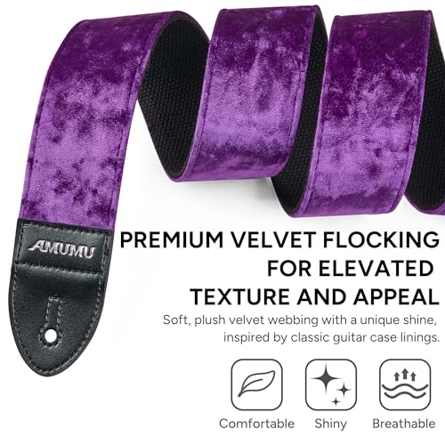 Amumu Flocked Velvet Guitar Strap with Microfiber Leather Ends - Guitar Accessories - Fits Acoustic, Bass, Electric Guitar, Purple - Image 3