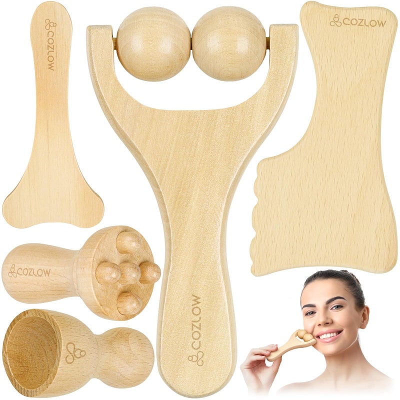 Gua Sha Facial Massage Tools 5 Piece Set Wooden Face Massage Therapy Kit for Face Lifting Lymphatic Drainage Skin Care  AntiAging