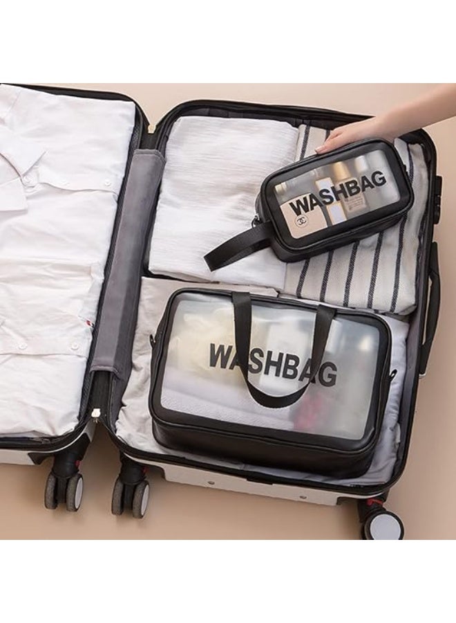 حقائب أدوات التجميل - حقيبة غسيل مستحضرات تجميل مقاومة للماء بسحاب للنساء والفتيات، 3 قطع، إكسسوارات للسفر والعطلات، مصنوعة من بلاستيك PVC وجلد البولي يوريثان الصديق للبيئة، شفافة - Image 3