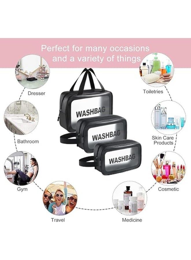 حقائب أدوات التجميل - حقيبة غسيل مستحضرات تجميل مقاومة للماء بسحاب للنساء والفتيات، 3 قطع، إكسسوارات للسفر والعطلات، مصنوعة من بلاستيك PVC وجلد البولي يوريثان الصديق للبيئة، شفافة - Image 4