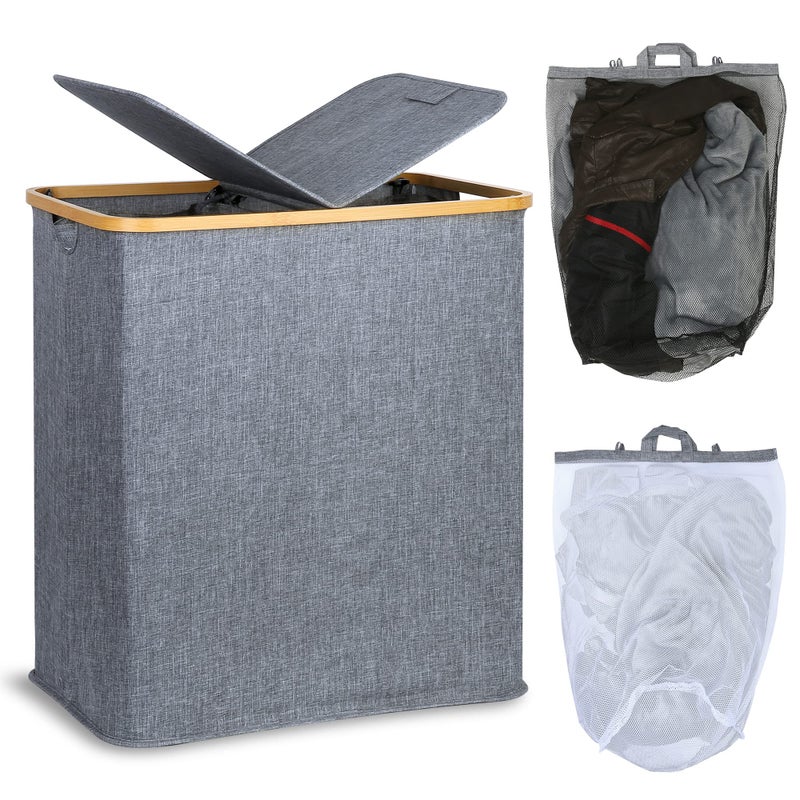 efluky Laundry Hamper with Lid, Double Laundry Hamper with 2 Removable Bags, 2 Section Laundry Basket with Bamboo Handles for Bathroom, Bedroom & Laundry Room, 140L (36.9 Gallon) Blue Grey - Image 1