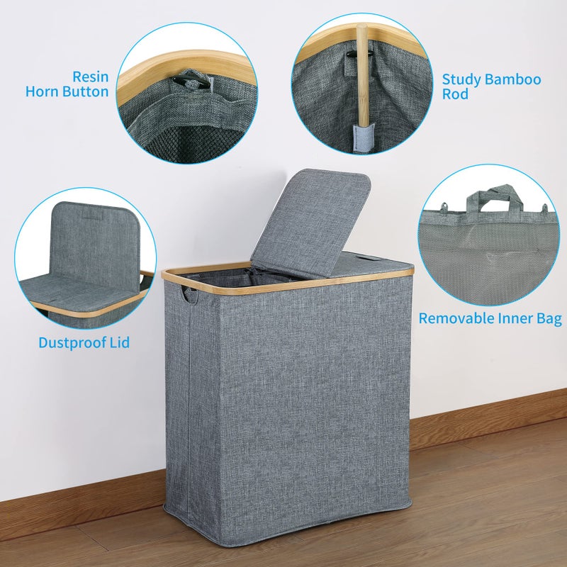 efluky Laundry Hamper with Lid, Double Laundry Hamper with 2 Removable Bags, 2 Section Laundry Basket with Bamboo Handles for Bathroom, Bedroom & Laundry Room, 140L (36.9 Gallon) Blue Grey - Image 2