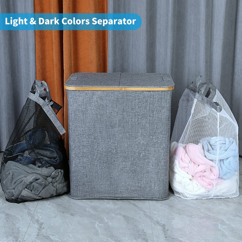 efluky Laundry Hamper with Lid, Double Laundry Hamper with 2 Removable Bags, 2 Section Laundry Basket with Bamboo Handles for Bathroom, Bedroom & Laundry Room, 140L (36.9 Gallon) Blue Grey - Image 3