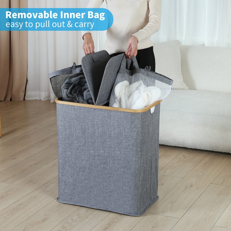 efluky Laundry Hamper with Lid, Double Laundry Hamper with 2 Removable Bags, 2 Section Laundry Basket with Bamboo Handles for Bathroom, Bedroom & Laundry Room, 140L (36.9 Gallon) Blue Grey - Image 4