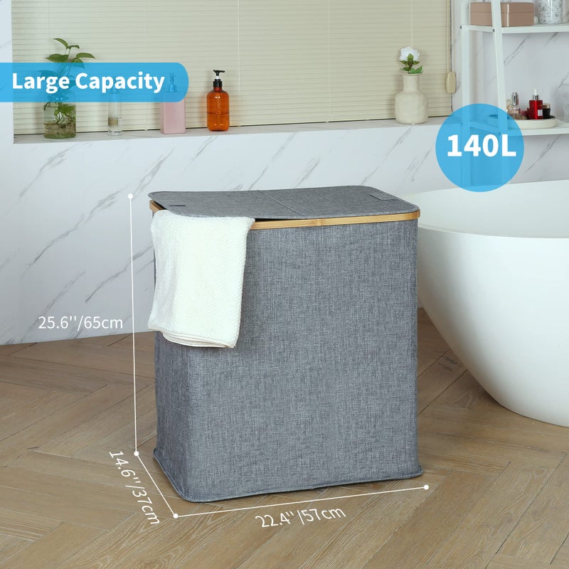 efluky Laundry Hamper with Lid, Double Laundry Hamper with 2 Removable Bags, 2 Section Laundry Basket with Bamboo Handles for Bathroom, Bedroom & Laundry Room, 140L (36.9 Gallon) Blue Grey - Image 5